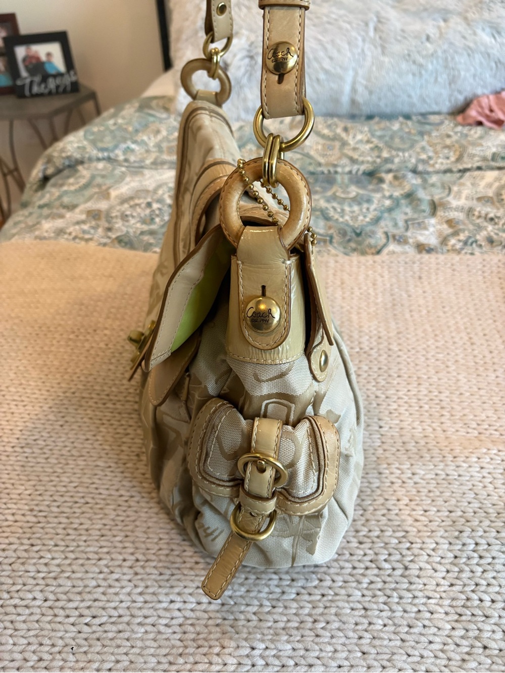 Coach Tan and Beige Signature Shoulder Bag with Gold Hardware - Picture 3 of 6